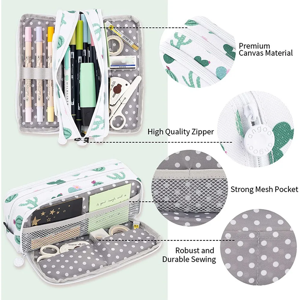 ANGOO astuccio grande capacità 3 scomparti astuccio in tela per studenti delle scuole delle ragazze dei ragazzi adolescenti (Cactus)