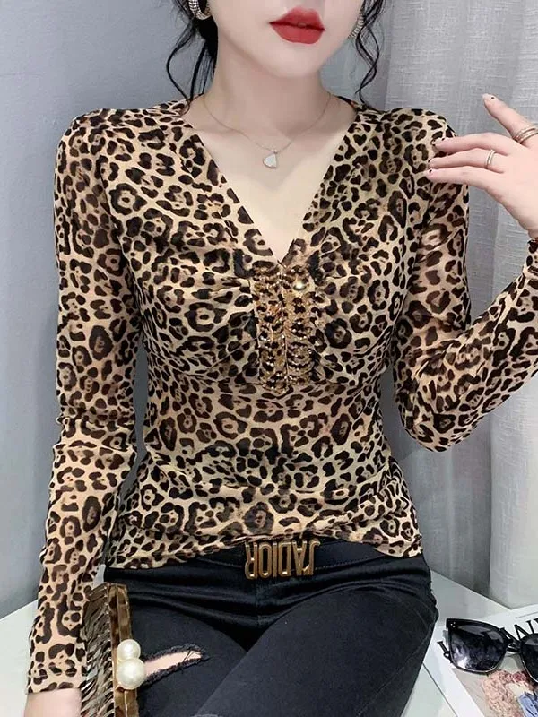 Fashionable V-Neck Long Sleeve Mesh Base Shirt Women's Slim Fit T-Shirt Design Sensation Autumn Winter New Arrival Base Layer...