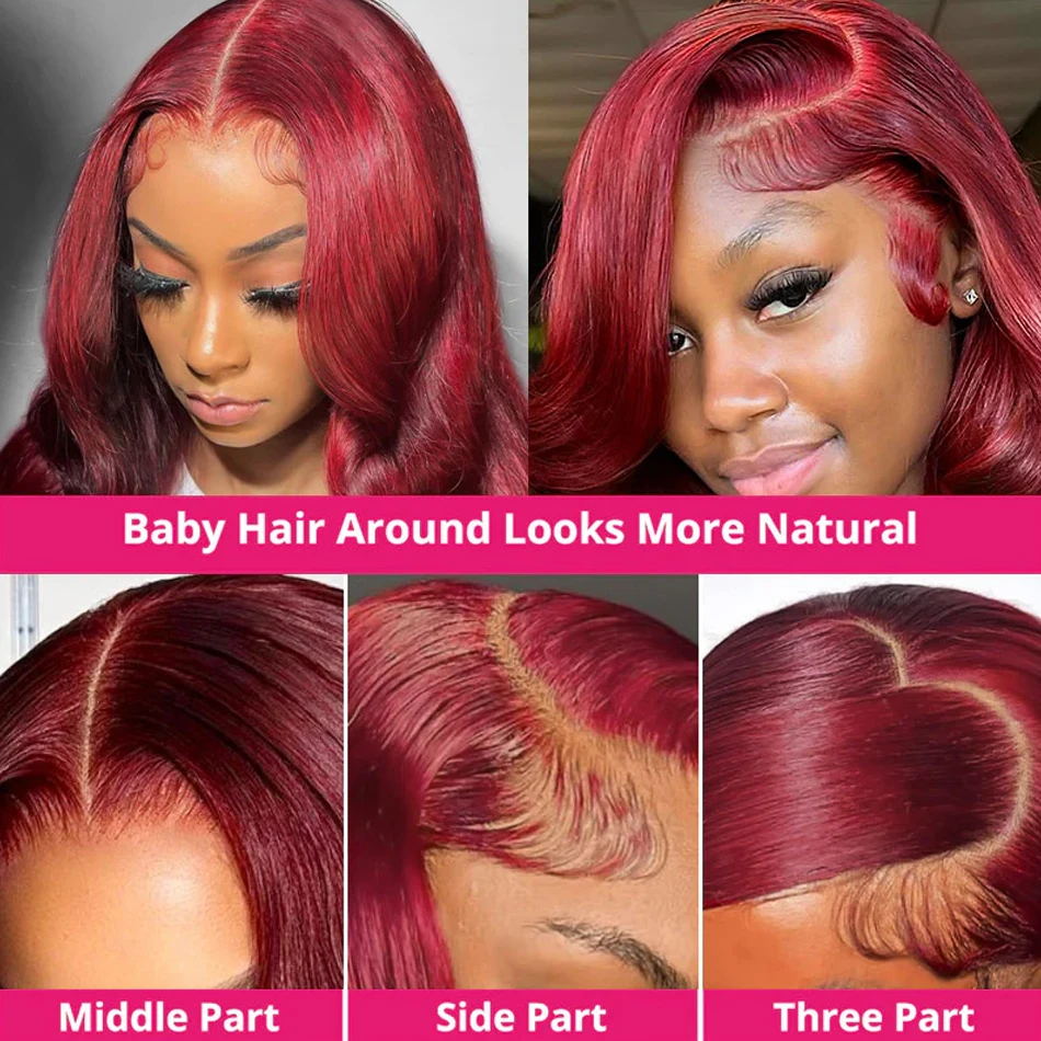 99J بورجوندي 13x6 الدانتيل الجبهة الباروكات قبل قطعها 250% الكثافة الأحمر اللون الجسم موجة 13x4 HD شفاف أمامي خصلات الشعر المستعار الإنسان