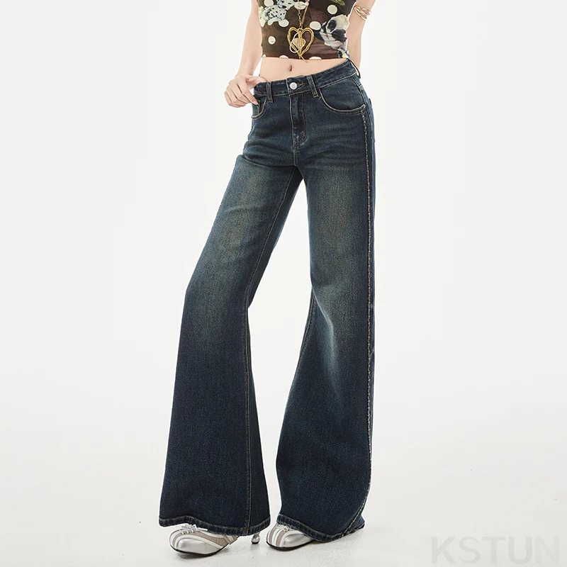 KSTUN 2026 Women's Jeans Stretch High-waisted Flared Pants Embroidered Stripes Design Streetwear Vintage Office Lady Trousers