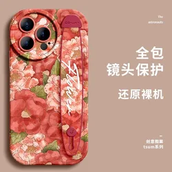 Deluxe Wrist Band Bracket Case For iphone 15 14 13 12 11 Pro Max X XR Xs Silicone Cell Phone Protective Cover Flowers of Camelli