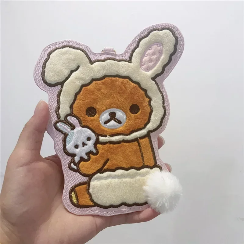 Rilakkuma ID Card Holder for Women Girl Embroidery Plush Leather Card Case Cover Cardholder Kawaii Cute Bag Keychain