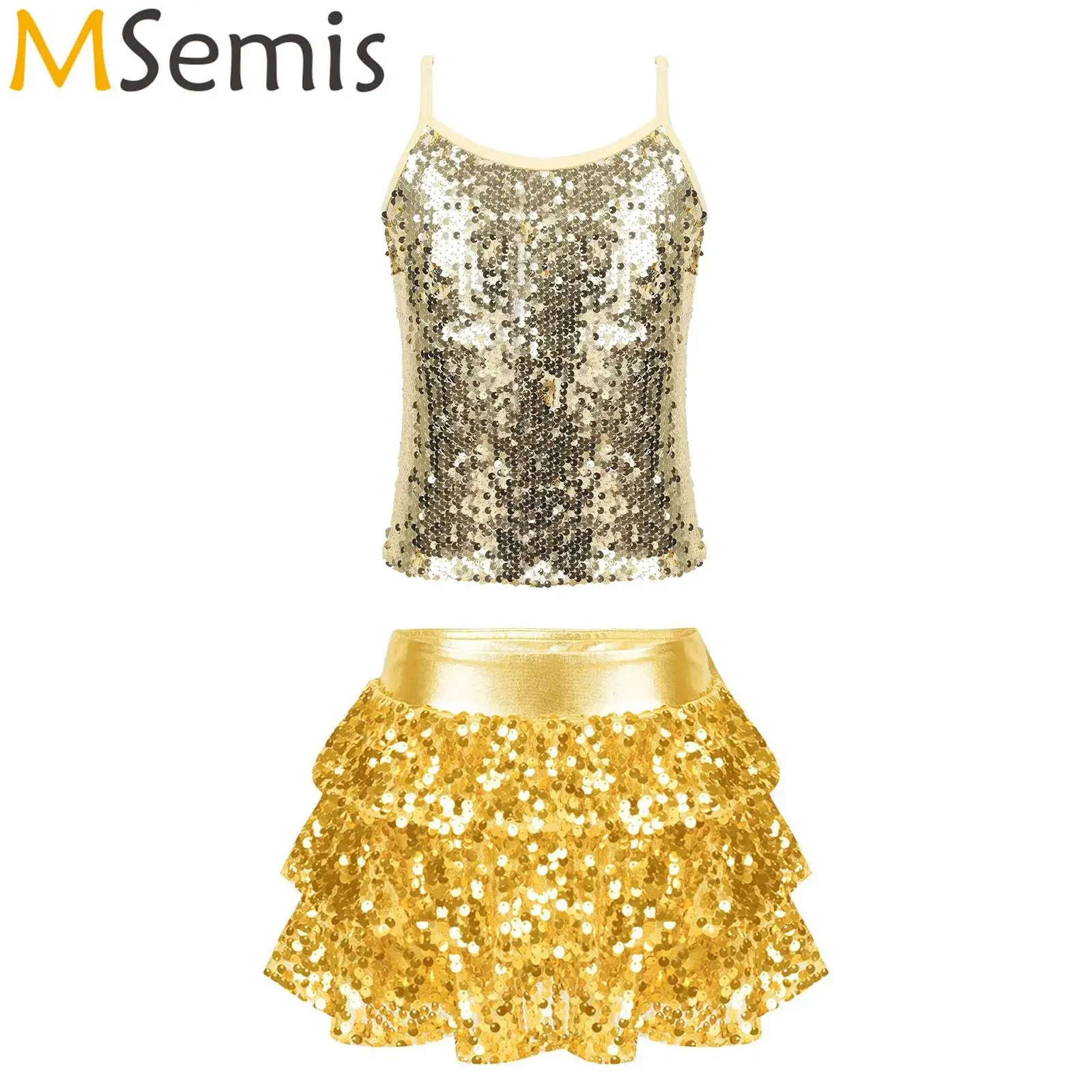 

Kids Girls Jazz Ballet Dance Outfit Sparkly Sequined Camisole Tops with Shiny Sequins Tiered Ruffle Skirted Shorts Culottes