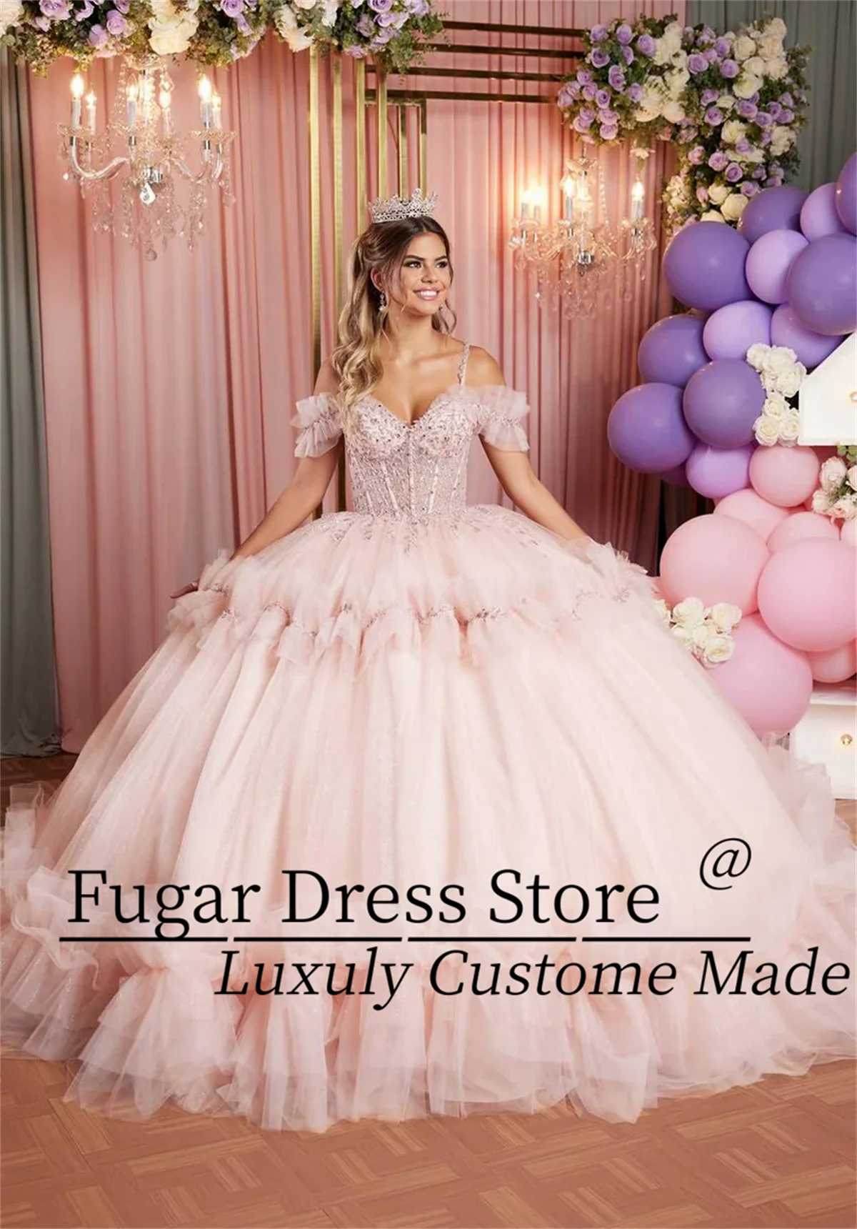 

Сексуальное платье Quinceanera с открытыми плечами по индивидуальному заказу, сверкающие хрустальные цветы, прозрачное многослойное бальное платье со складками, Vestidos de novia