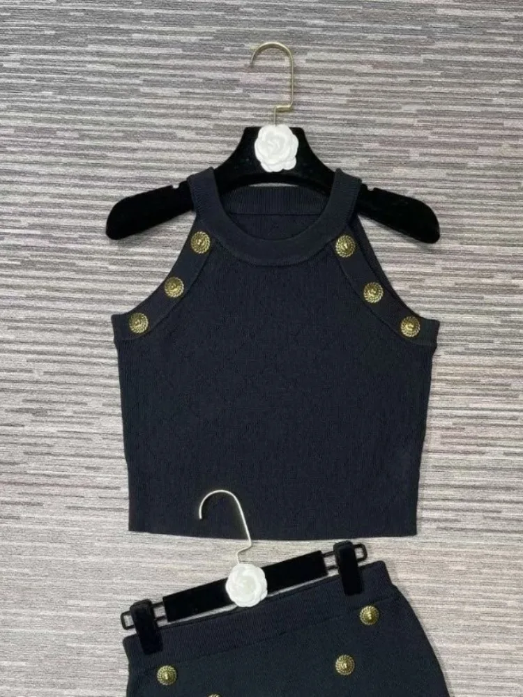 Hot Sale Knit Women Summer T-Shirt Grid Button Slim Fit Halter Short Top Sleeveless O-Neck Fashion Casual Daily Office Lady Tees