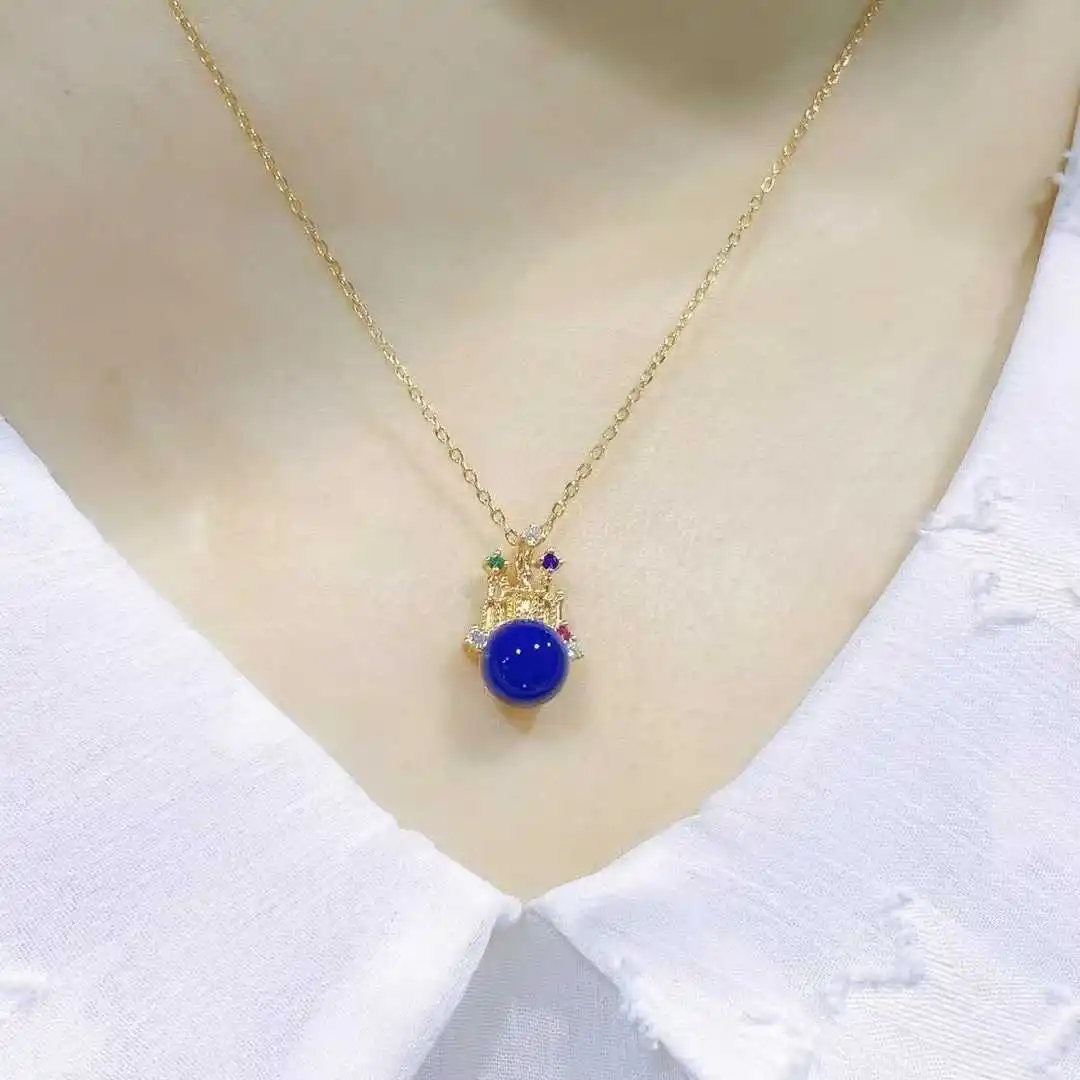 Natural Mexican Blue Amber Sterling Silver Pendant 7mm Castle Design Jewelry for Women Gift