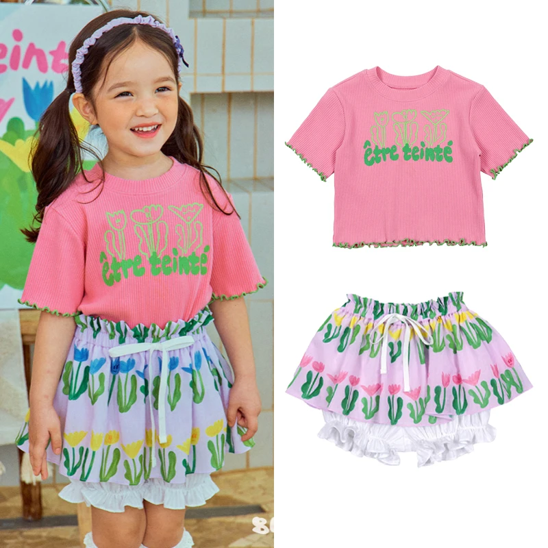 

2025 New Summer Children's Set Girl's Pink Short Sleeved Shirt Flower Skirt Set Baby Girl Casual Wear Korea Kids Short Skirt