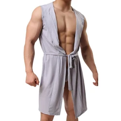 Men's Home Bathrobe Sleeveless Silk Smooth Male Hooded Bathrobe Pajama Comfortable Ultra-thin Bathrobe Lingerie Loose Underwear