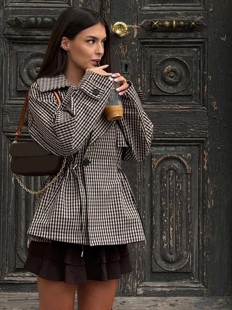 Women Retro Gingham Short Trench Jacket Long Sleeve Drawstring Cinched Waist Lapel Collar Overcoat Autumn Chic Casual Streetwear