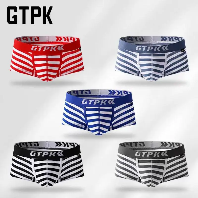 Men's Breathable Cotton Underwear Sexy Comfortable Fashionable Stripe Sports Boxer Briefs mid Waist Cotton Plain Angle Pants