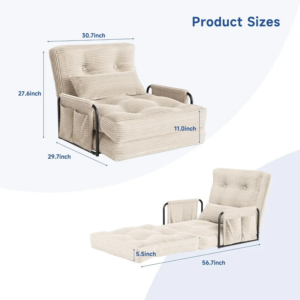 Convertible Sleeper Chair with Armrests & Adjustable ,Corduroy Futon Couch Floor Sofa Lounge with Pillow for Living Room Bedroom