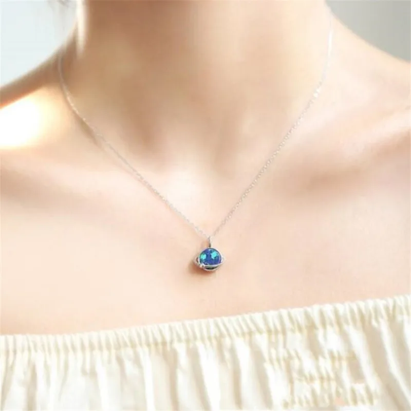 New Gradient Blue Green Earth Color Dreamy Cute Planet 925 Sterling Silver Jewelry Lover Gift Clavicle Chain Necklaces HZX547