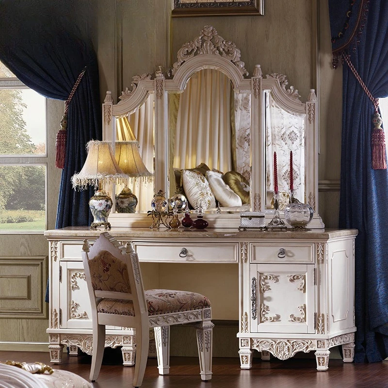 Cômoda de mármore europeu para quarto, mesa de maquiagem com entalhes em madeira maciça, móveis de luxo para villa estilo francês.