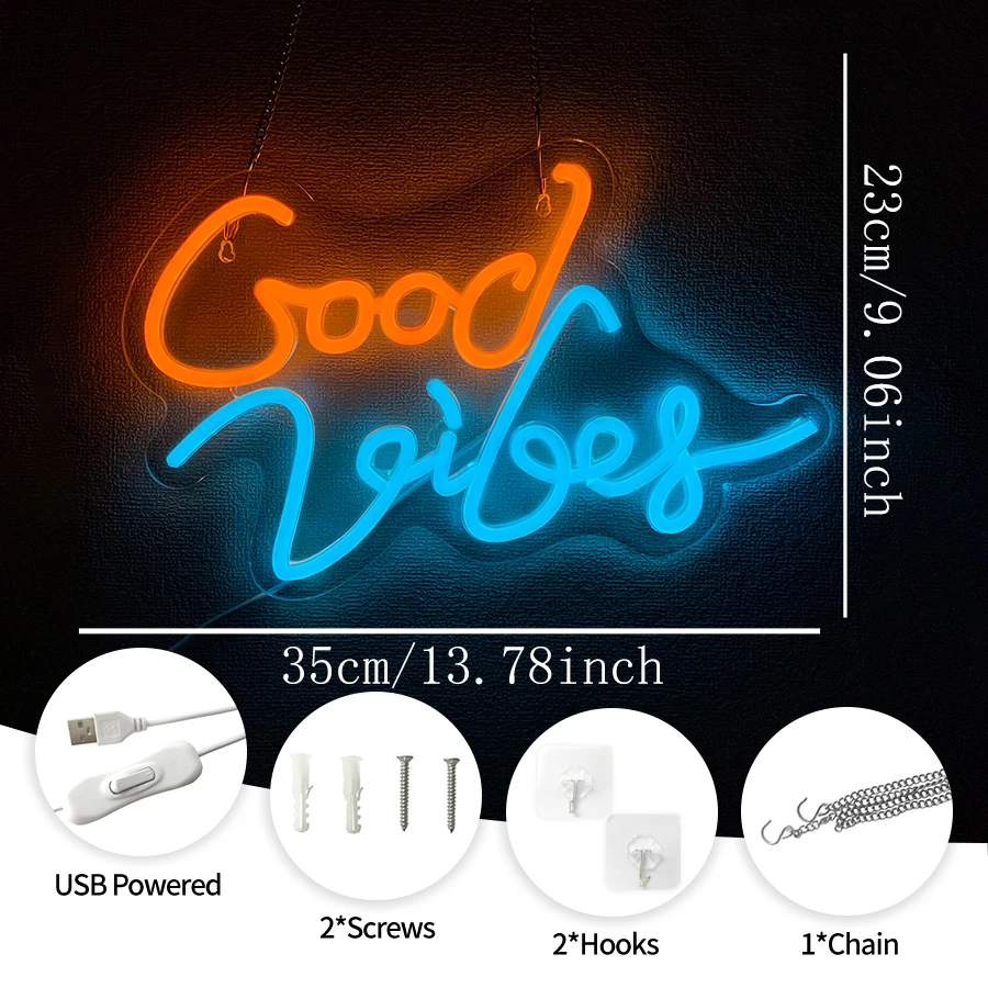 Good Vibes Only Neon Sign,Good Vibes Neon Signs for Wall Decor,USB Powered Light Up signs for Bedroom Game Room Bar Club Party view 3