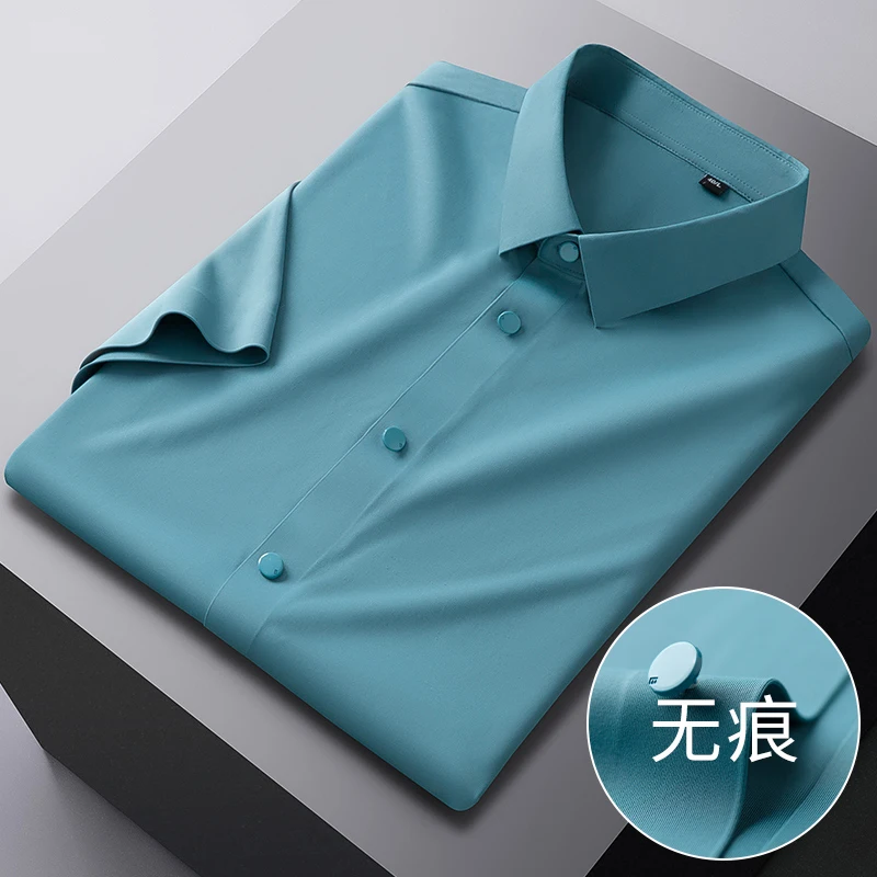 Men's Stretchy Silky Satin Short Sleeve Dress Shirt Pocketless Wrinkle Free Soft Casual Slim Fit Easy Care Elastic Summer Shirts