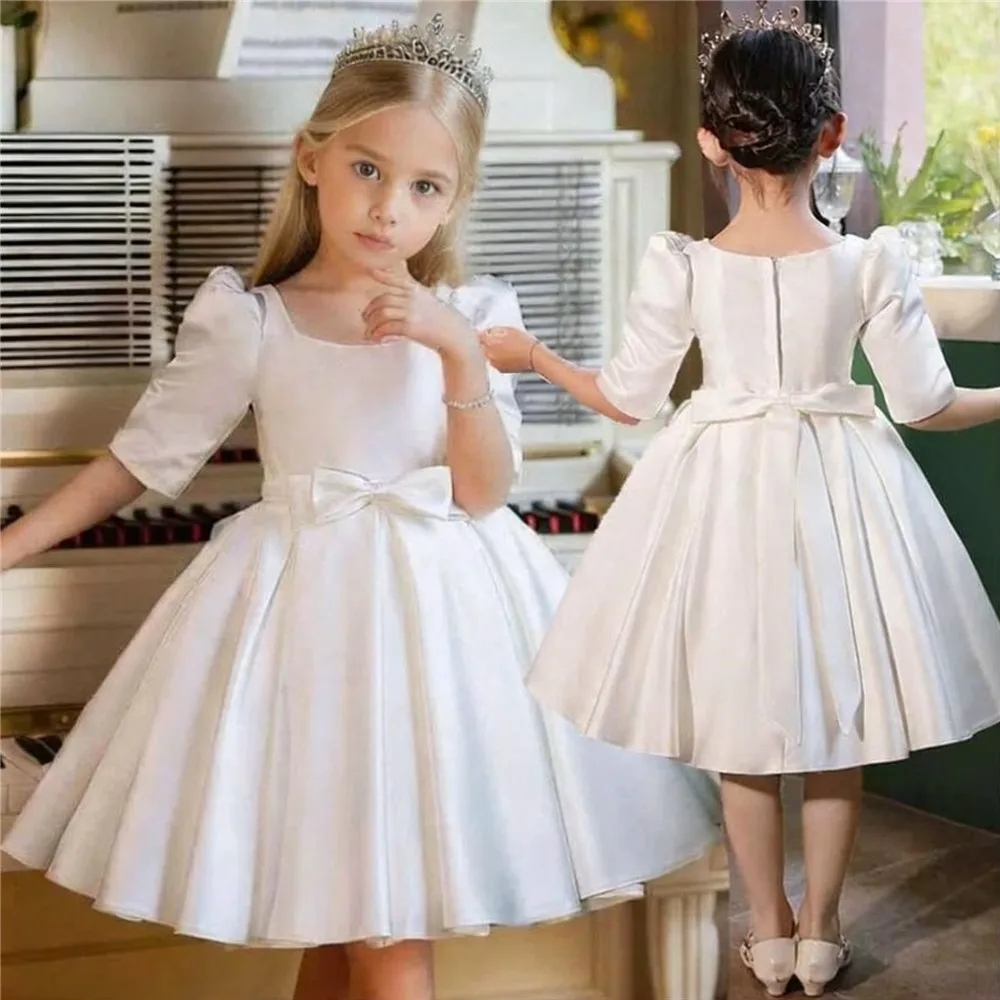 

Customized Satin Flower Girl Wedding Dress Half Sleeve with Bow Sashes Child Birthday Party Gown Kids First Holy Communion Dress