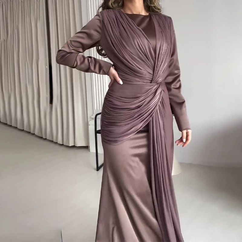 Elegant Long Sleeve High Waist Evening Dress Casual Solid Color Slim Robe Dress Spring Autumn Women's O Neck Twisted Party Dress