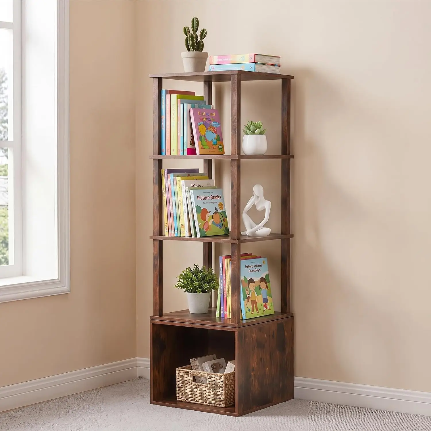 Rotating 4 Tier Wood Book Shelf 360 Revolving Storage Tower for Bedroom Living Room Office Brown, Customized