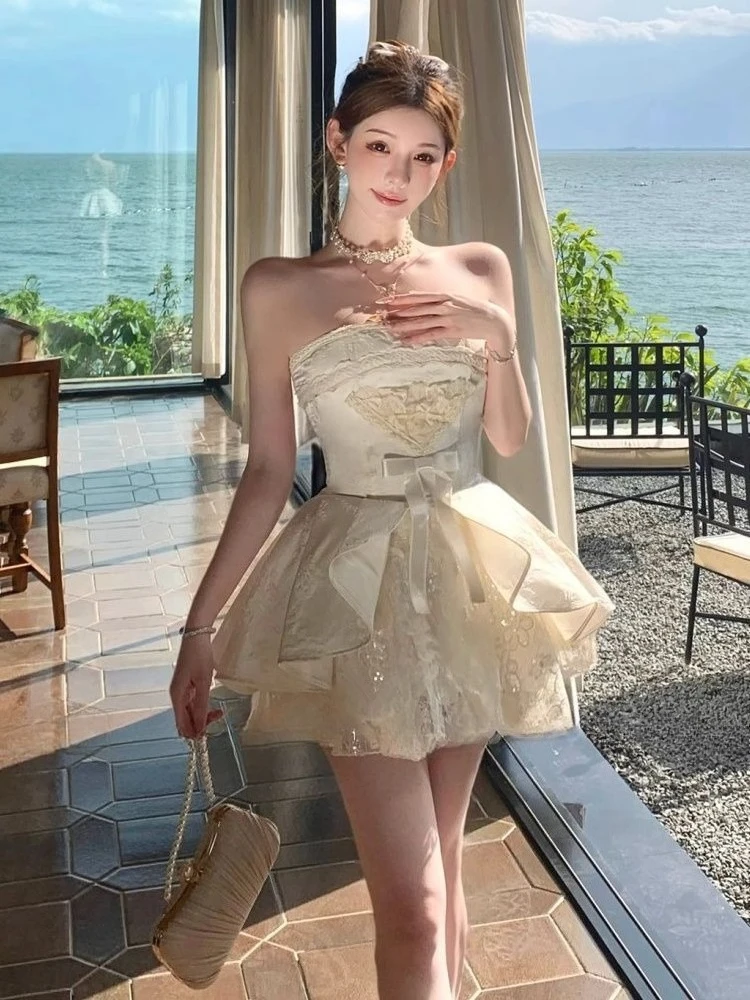 French Sweet Style Elegant Women Dress Vintage Bow Strapless Evening Dress Fashion Female New Sexy Princess Party Outfits Summer