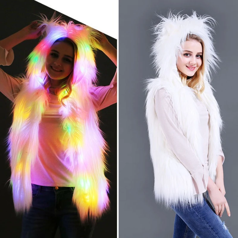 

Women Faux Fur Vest Coats Solid Hooded Jacket LED Light Sleeveless V Neck Open Stitch Slim Fit Thin Casual 2025 Autumn Winter