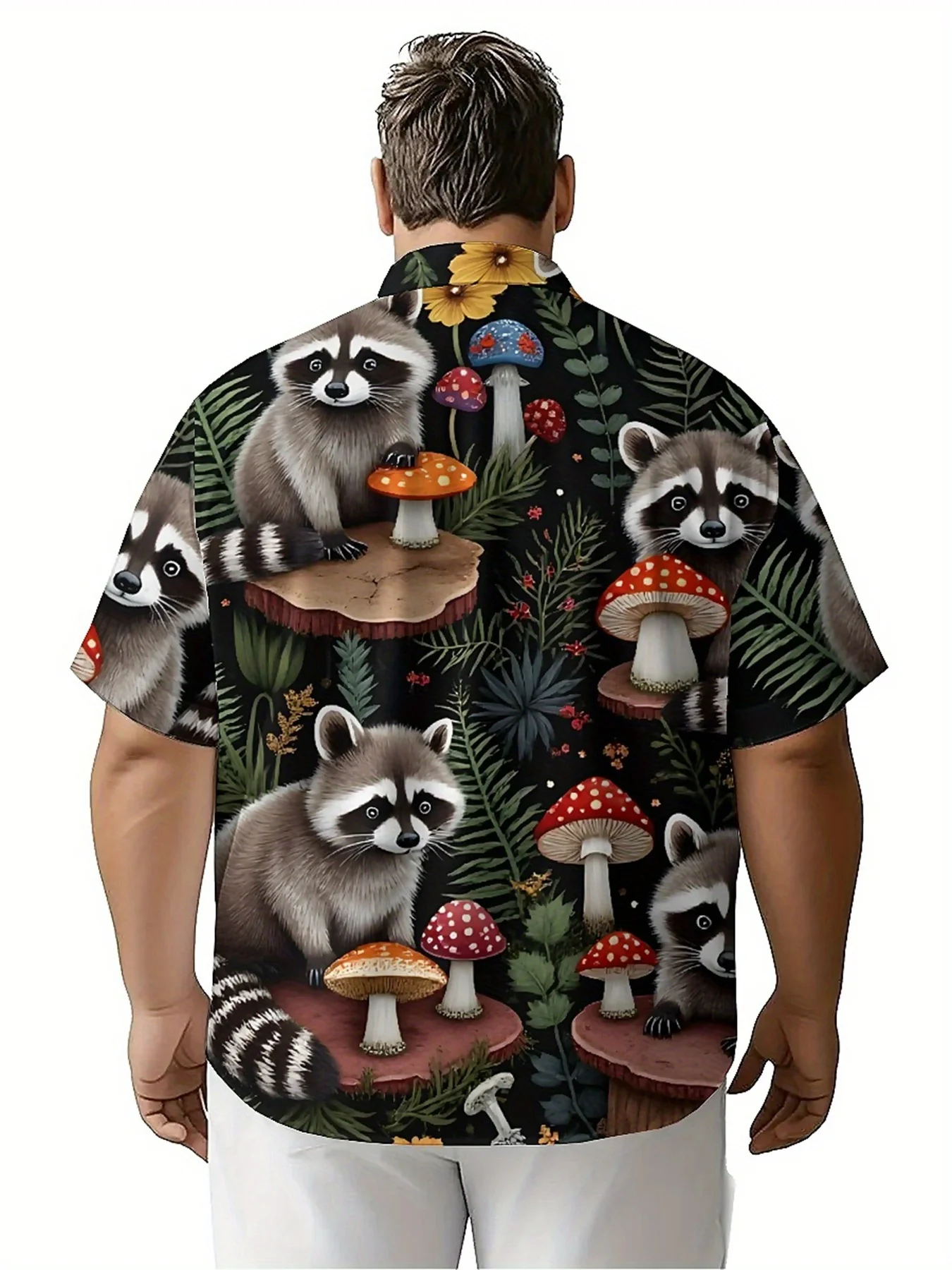 Men's Plus Size Hawaiian Shirts Raccoon and Mushrooms Pattern, Unisex Aloha Shirts,New in Summer Tops Tee,streetwear