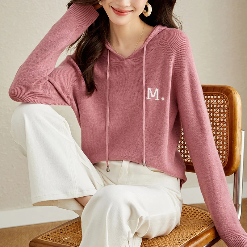 Vimly Wool Blend Hooded Knit Pullovers Women's Long Sleeve Top 2023 Autumn New Casual High Strecth Knitwear Sweater Female 72087