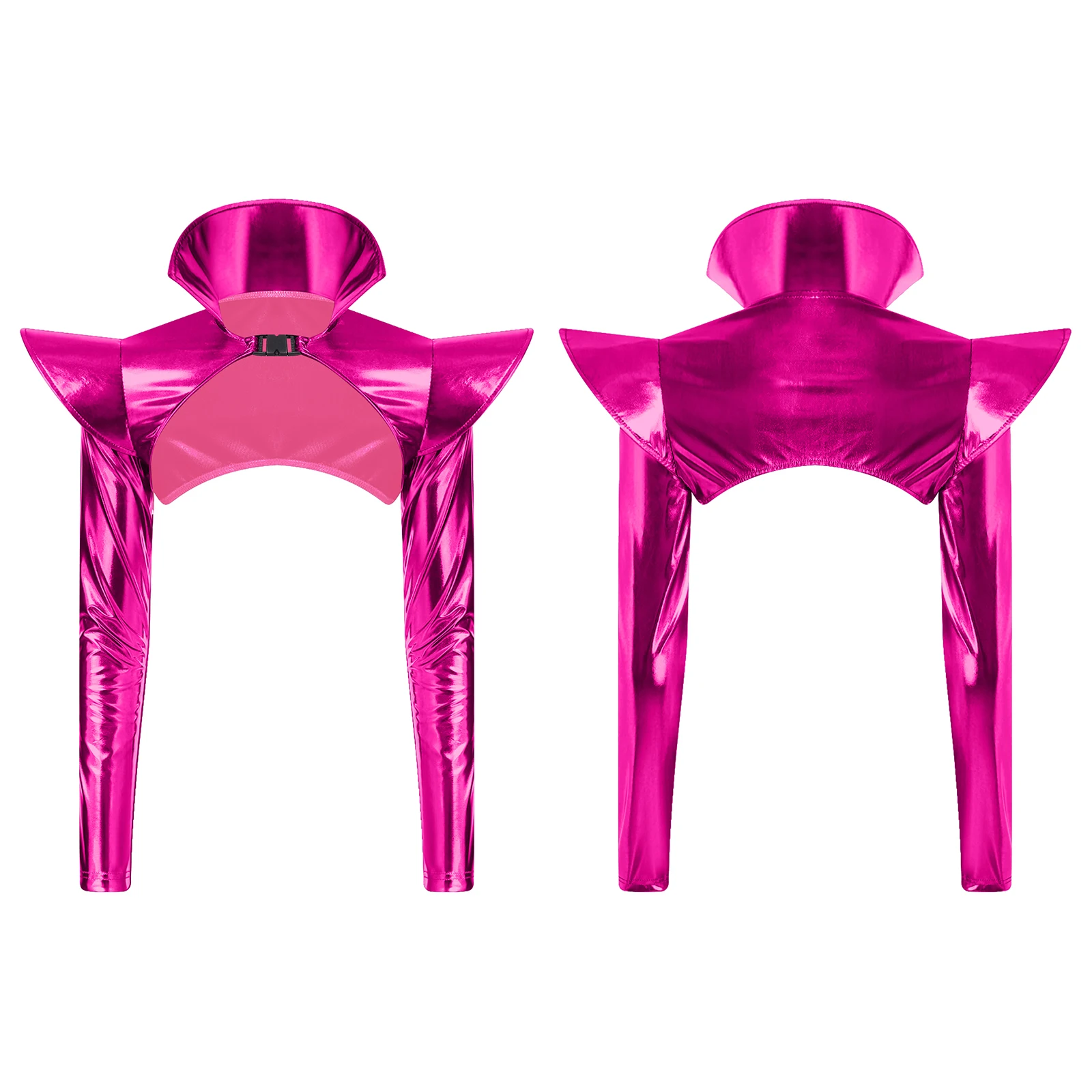 Women Sexy Metallic Shiny Gothic Crop Top Open Front Stand Collar Epaulets Pauldron Breathable for Rave Club Party Night