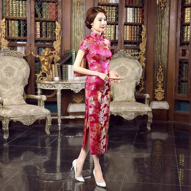 chinese new year women clothes long dress red cheongsam qipao wedding bride dress pluss size woman evening Silk satin Floral