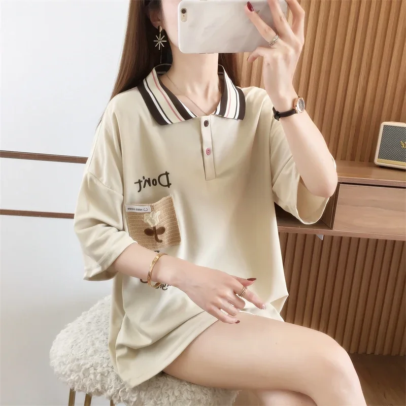 

2024 summer cotton loose Women's t shirt korean letter print T-shirts harajuku Short Sleeve turn-down collar young girl y2k Tops