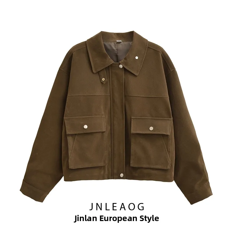 

Faionable Flight Jaet JNLEAOG Women's Autumn New Sle Polyester Fiber Long Sve Zipper Closure Casual Loose Fit Coat