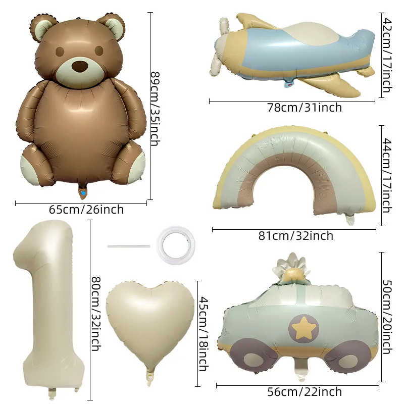 Cute Matte Retro Birthday Balloon Set 40 Inch Milky White Digital Bear Car Set Scene Layout