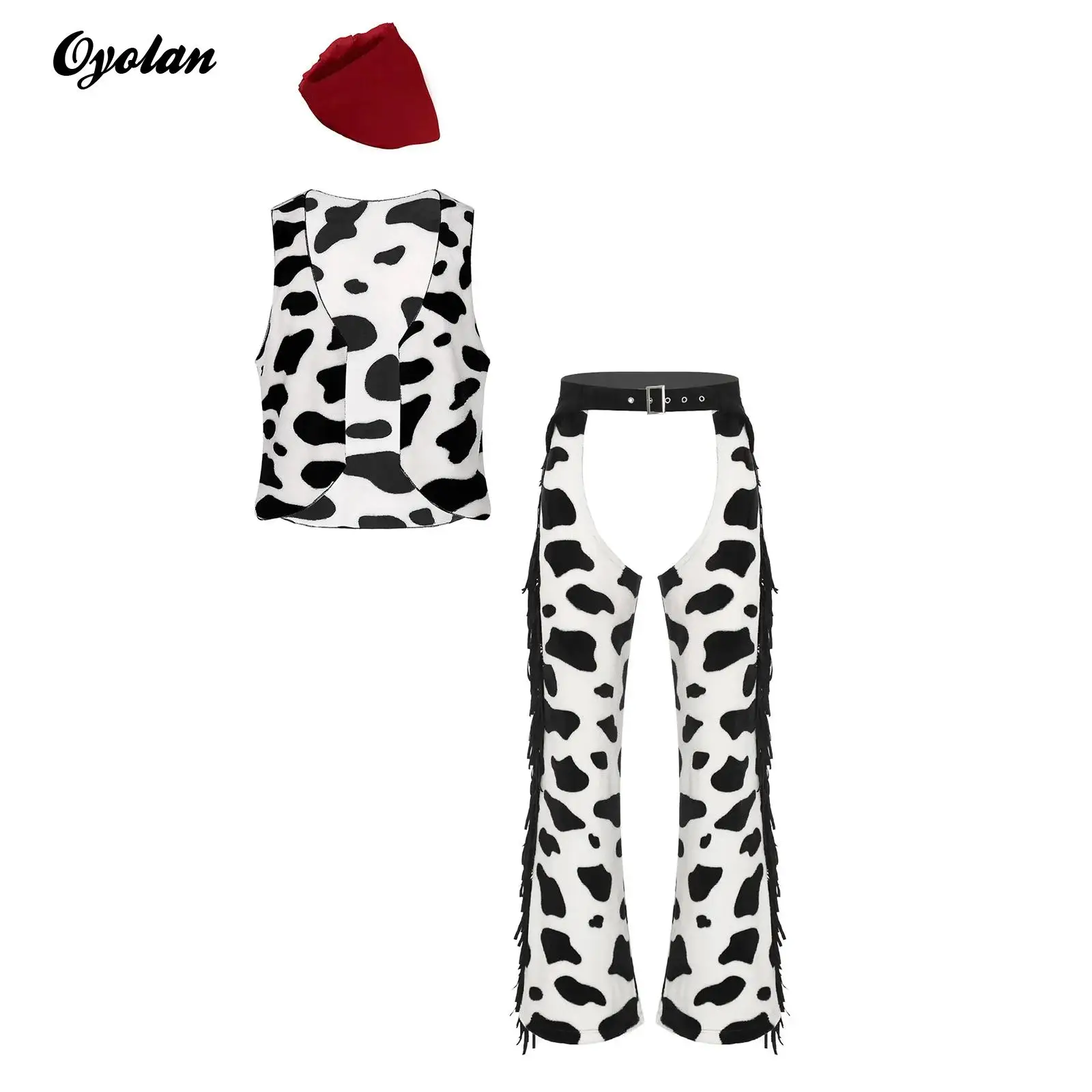 

Mens Retro Cowboy Cow Bandanna Costume Dress Up Outfit Spot Print Open Front Vest Side Fringe Hollow Out Crotch Chaps Long Pants