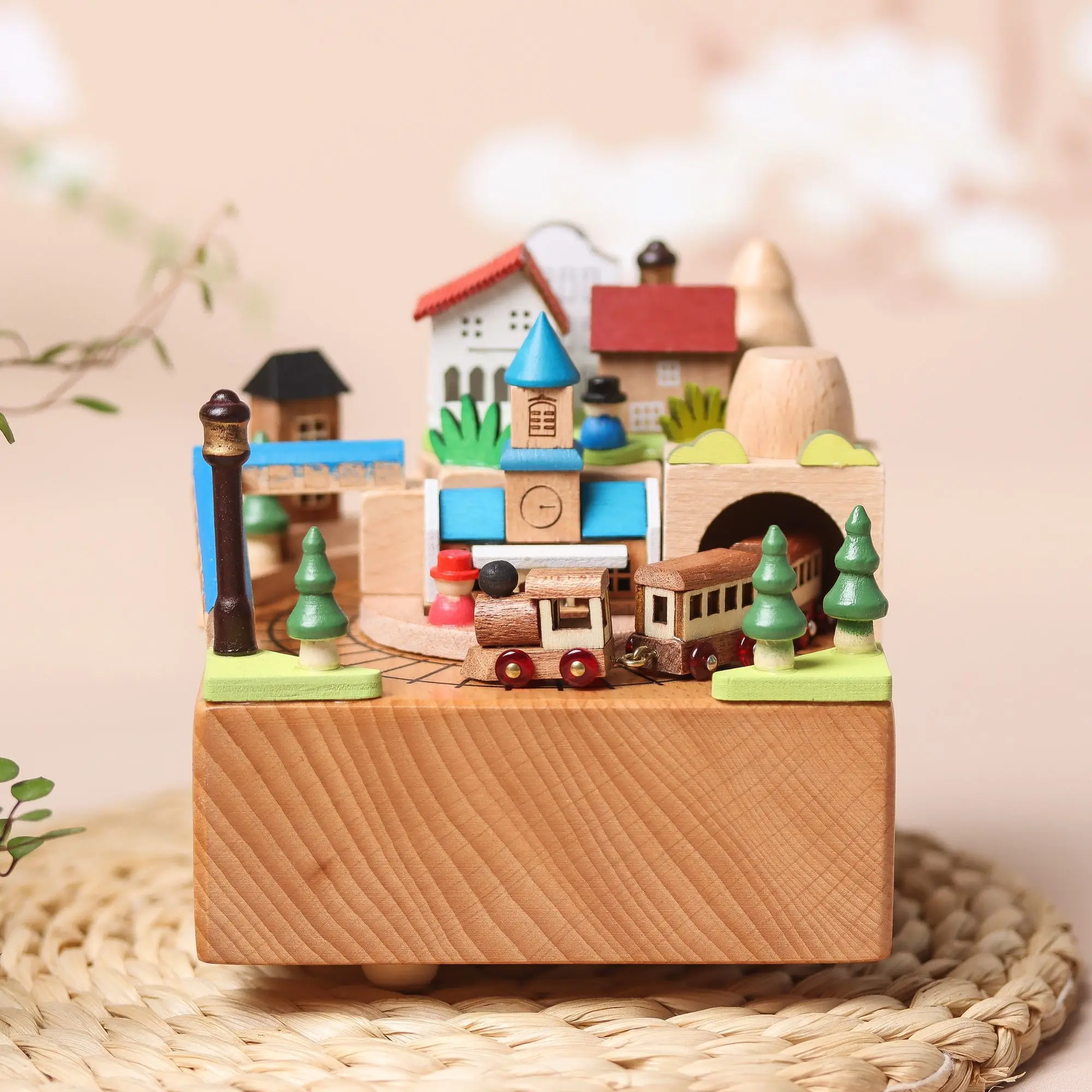 Wooden Rotating Music Box Ornament Spirited Away Township Time Train Birthday Christmas Gift Home Decoration