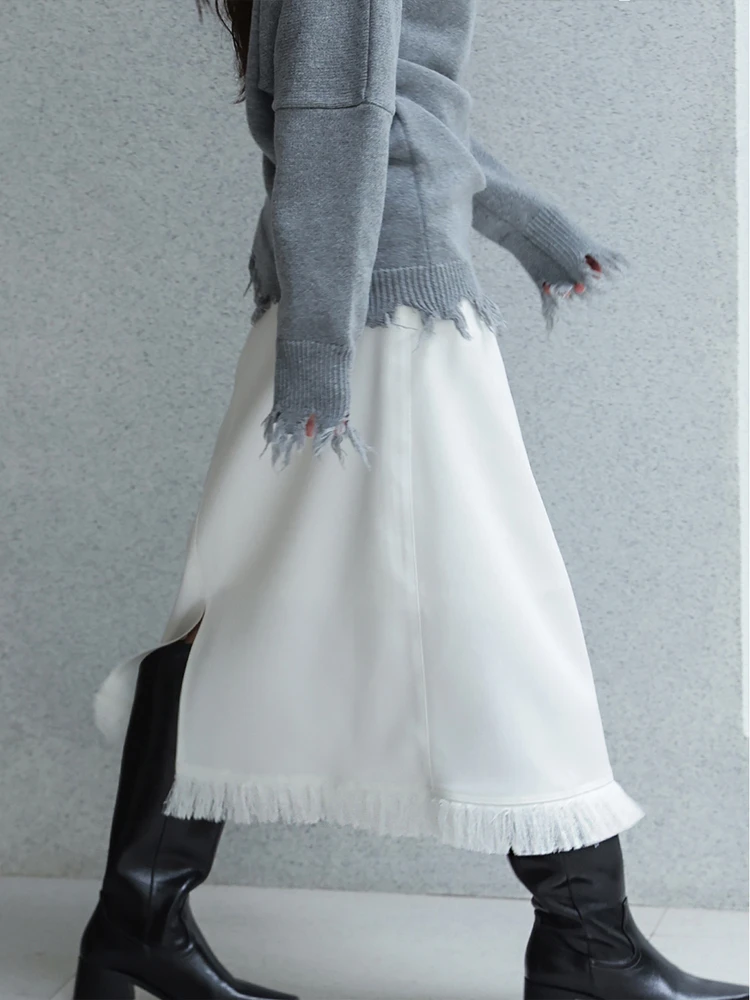 

Повседневная универсальная белая юбка миди А-силуэта с бахромой и высокой талией, длинная юбка для осени и зимы, для ежедневных поездок на работу и повседневной носки