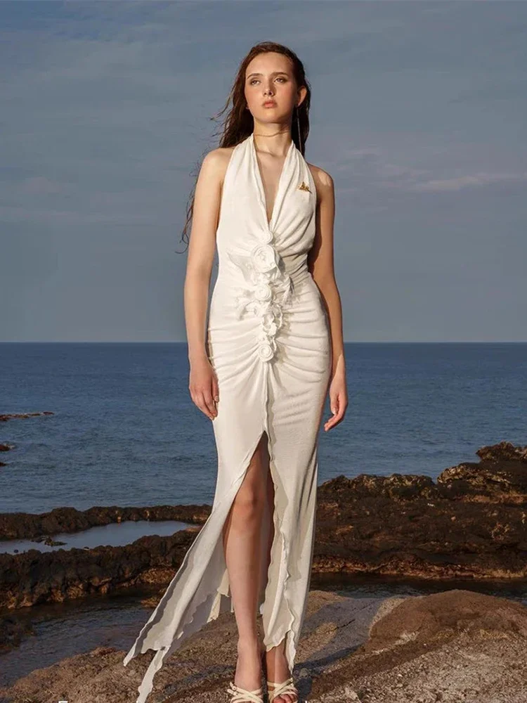 

Sexy Halter V Neck 3D Flower Folds Long Dress Women White Sleeveless Backless Split Slim Dresses Elegant Evening Party Gowns