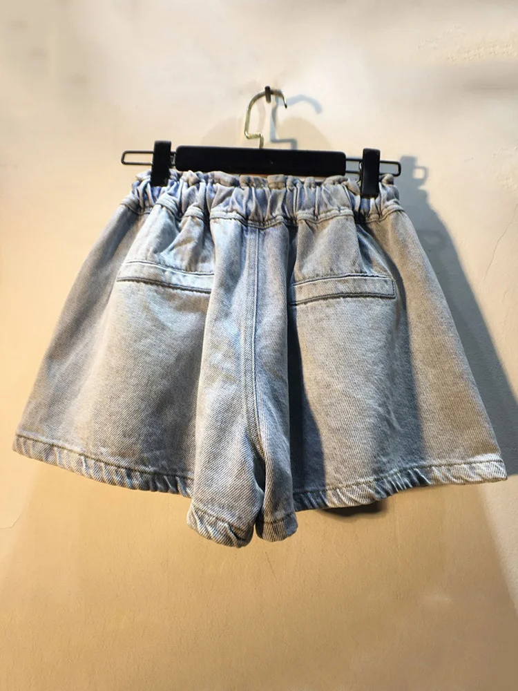 DEAT Women's Denim Shorts Rhinestone Drawstring High Waist Loose Solid Color Wide Leg Short Jeans 2024 Autumn New Fashion 29L95