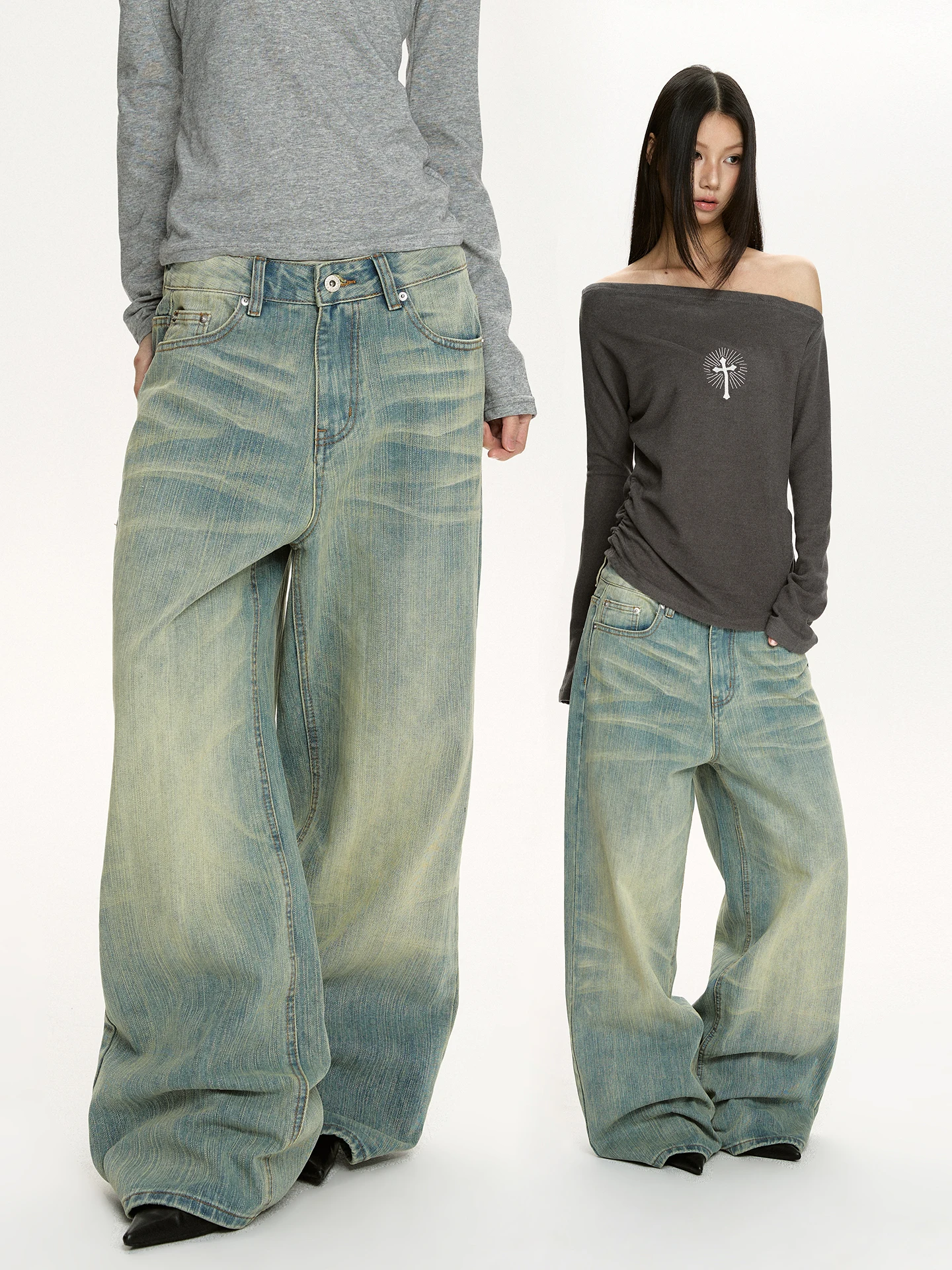 

Vat American Retro Waed Mud Wide Leg Jeans Loose Straight Casual Pants Yellow Mud Denim Jeans Cleanfit