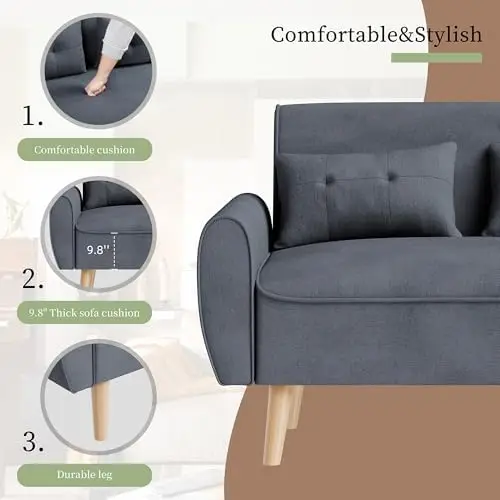 Nowoczesna sofa dwuosobowa z pikowaniem, model Century Linen, z poduszkami oparcia i zwężanymi nogami, ciemnoszara, 47 cali.