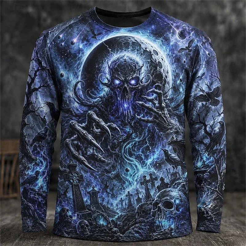 2026 Neues Herren-Halloween-Themen-Langarm-T-Shirt mit Rundhalsausschnitt und gruseligem Zauberer-Schädel-Print, Herren-Party-Oberteil für Feiertage – Detail 4