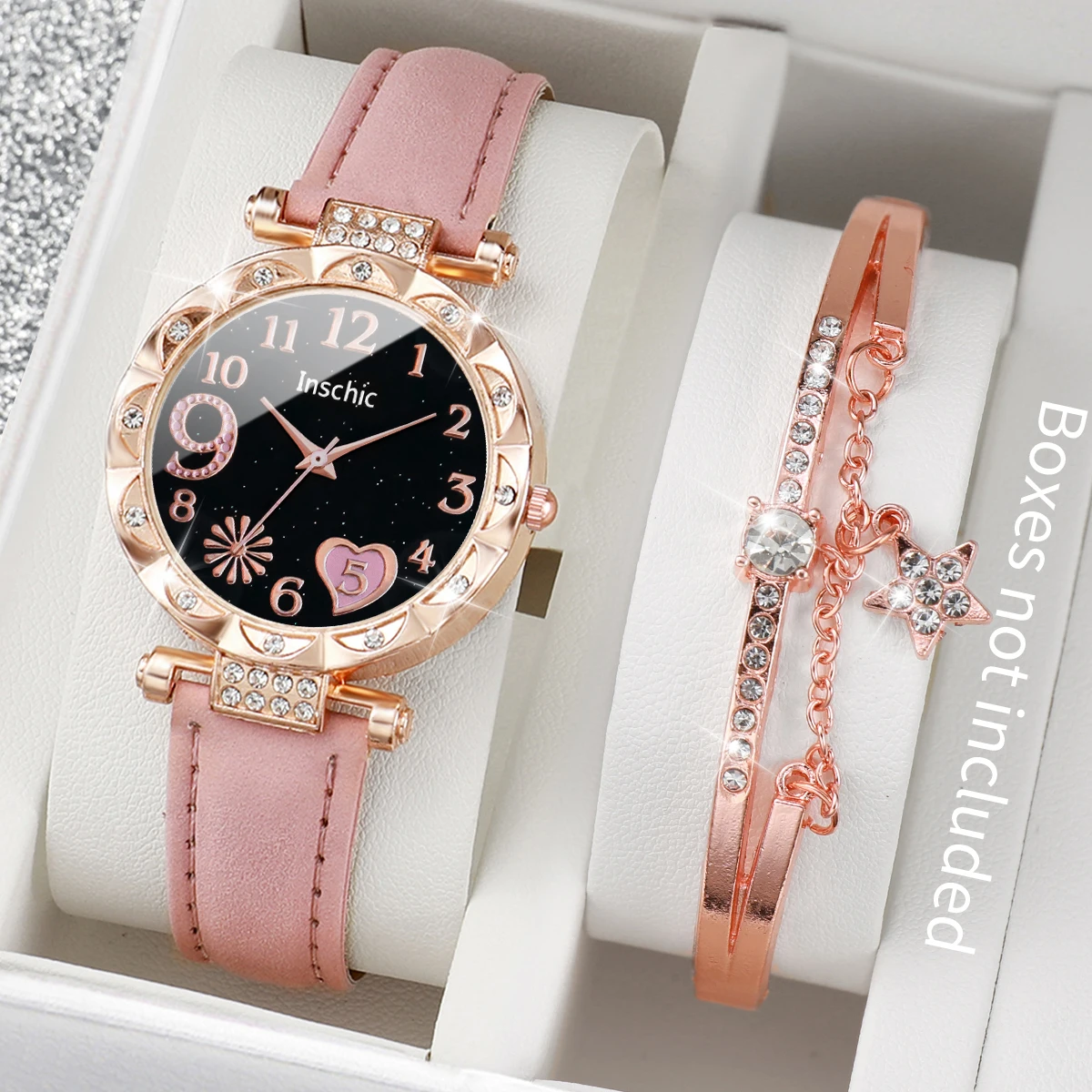 2PCS/Set Fashion Rhinestone Heart Dial Women Watches Leather Band Analog Quartz Watch Star Bracelet Bangle Set(Without Box)