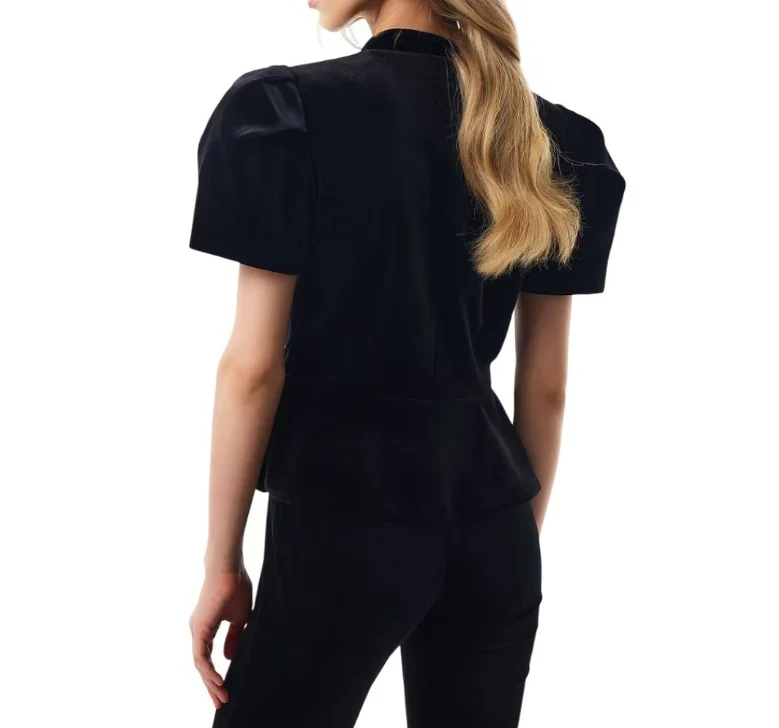 

Summer Xiaoxiang Style Pearl Detail Bubble Sleeve Jacket round Neck Single Breasted Slim Fit Versatile Top for Women