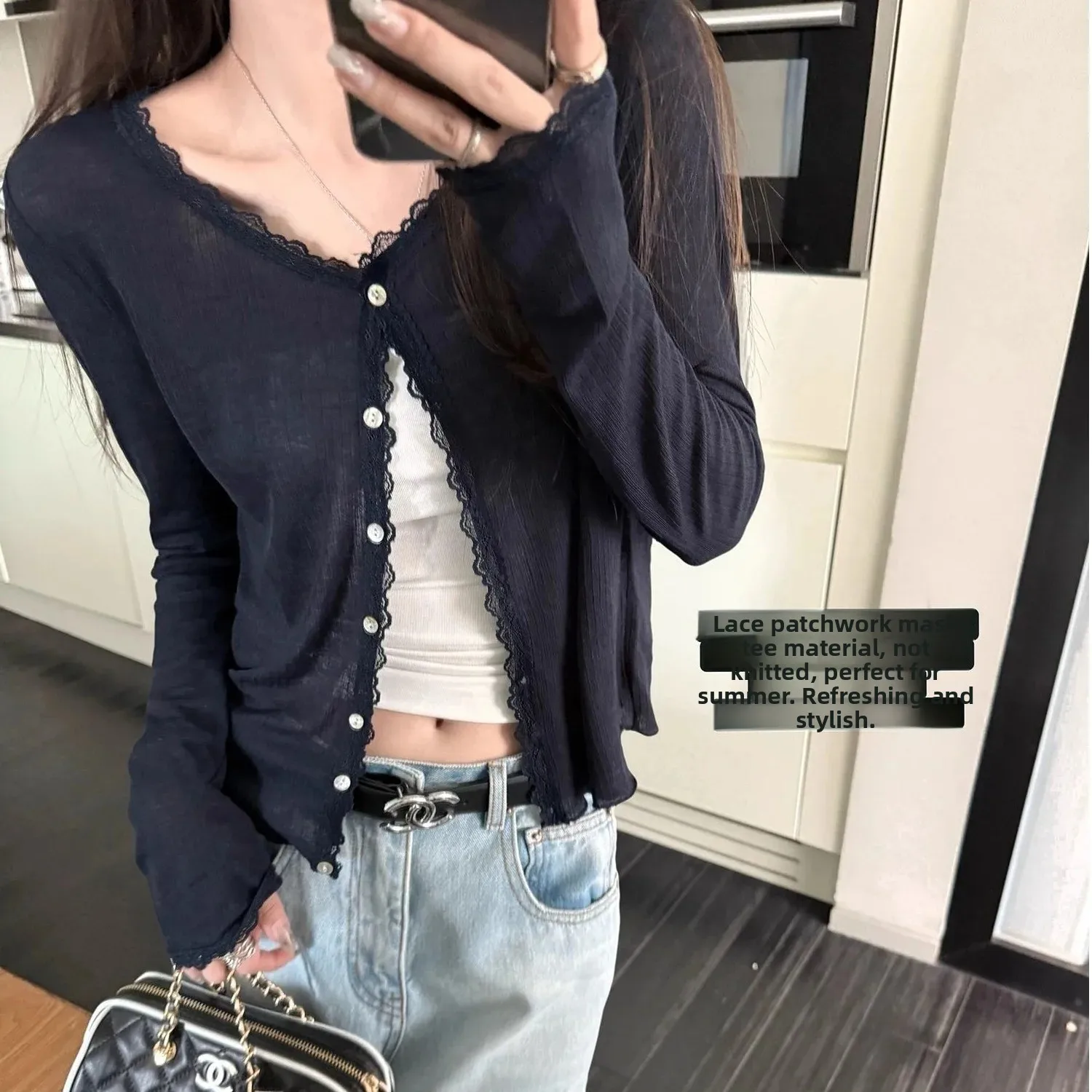Lace Splicing Edged Sun Protection Knitted Open Cardigan Lightweight Outerwear Top Women Summer Casual Slim Fit Long Sleeve