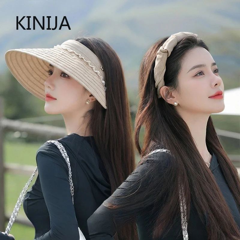 Women 2-in-1 Sun Visor Hat Foldable Headband Style Wide Brim UV Protection Summer Beach Cap Hairband Empty Top Hat  Lightweight