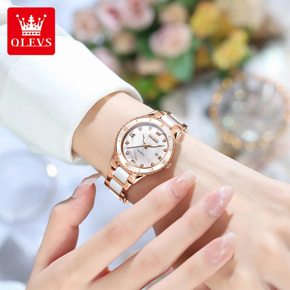 OLEVS 9985 Ladies Dress Wristwatch Waterproof Calendar Roman Scale Ceramic Strap Fashion Simple Women Quartz Watch