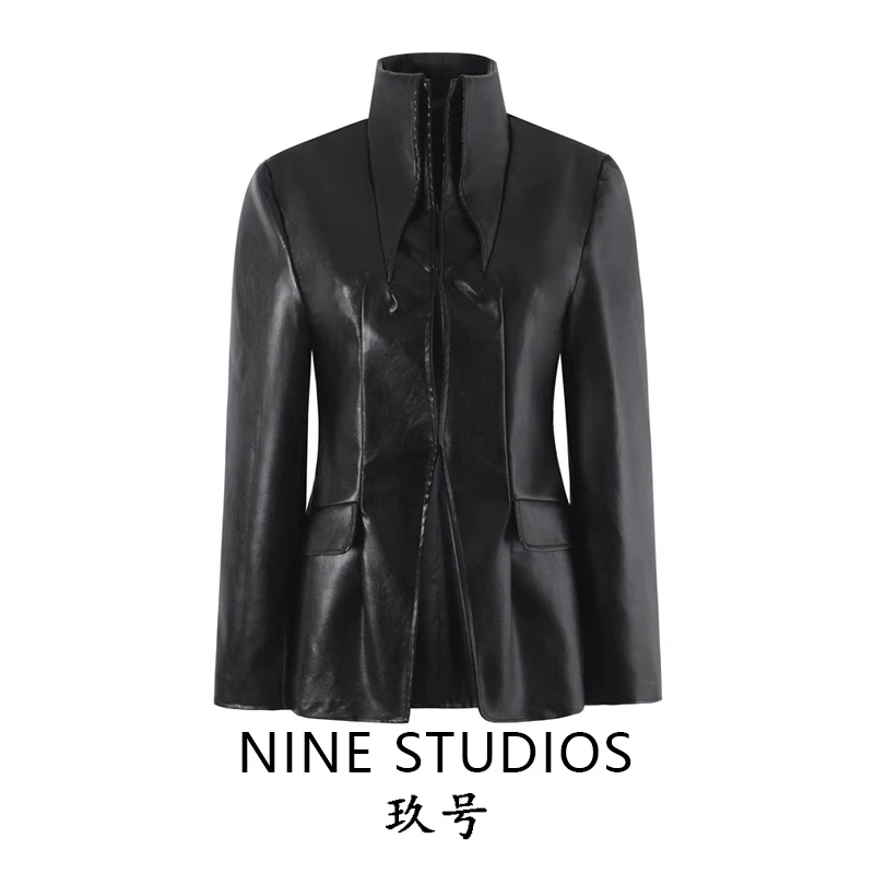 NINE ZAR Women's Slim Fit Long Sleeve Stand Collar Leather Effect Suit Jacket Versatile Zipper Closure Fashionable Outerwear