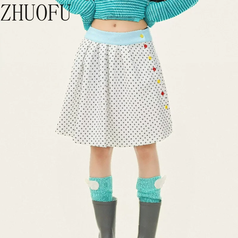 Korean Sweet Style Design Women's A-line Skirt 2026 Autumn New Y2k Color Button Polka Dot Loose Versatile Pleated Skirts Ladies