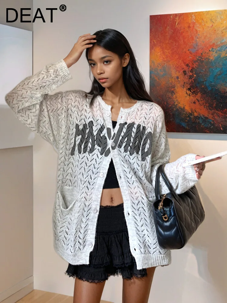 DEAT Fashion New Women\'s Letter Print Knitted Cardigan 2024 Autumn Trendy Round Neck Single Breast Sweater Female 33A1936