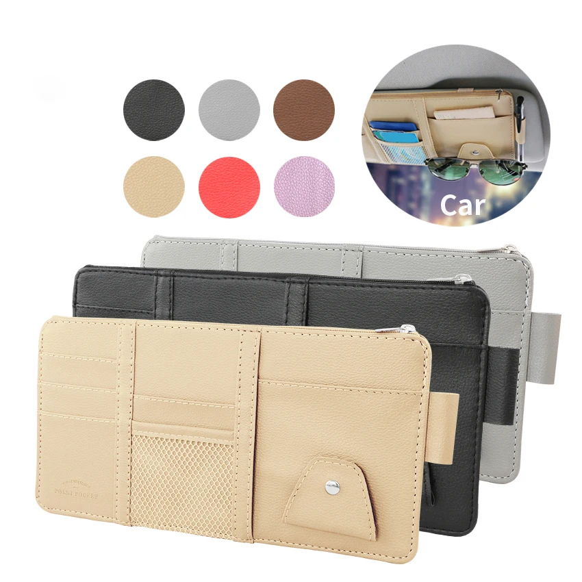 Car Sun Visor Organizer Storage Travel Document Holder With Multi-Pocket PU Leather Cards Receipts Pouch With Zip