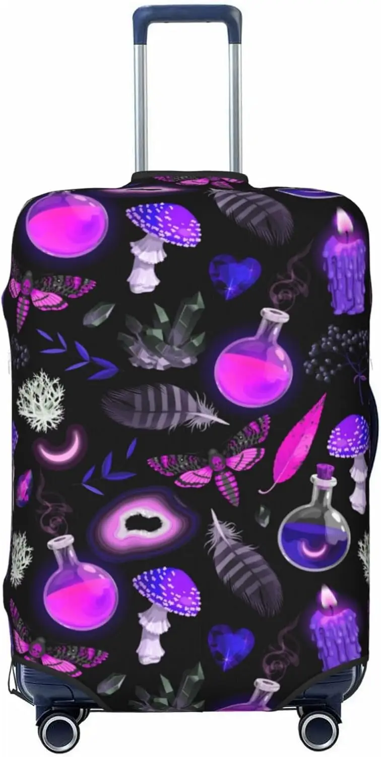 Travel Suitcase Protector Cover Elastic Print Spandex Luggage Cover Suitcases Gothic Magic Witch Witchy Trippy Purple Mushrooms