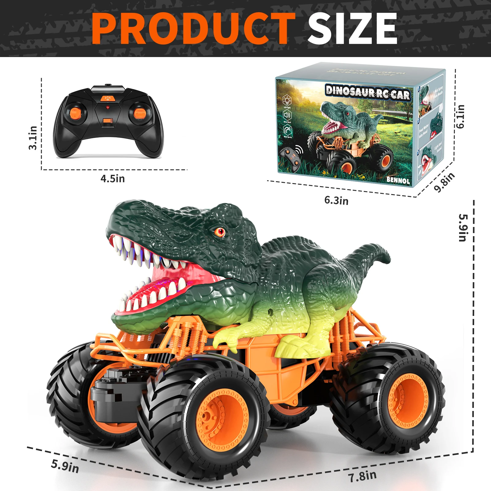 Fernbedienung Dinosaurier Auto, 2,4 GHz RC LKW für Kleinkinder, elektrische Hobby RC Auto Spielzeug mit Licht & Sound Spray Geburtstags geschenk für